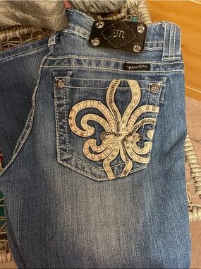 Miss Me Blue Denim Bootcut Jeans with Cream Fleur-de-Lis Embroidery